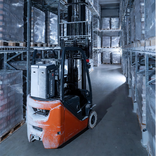 24V 150Ah lithium forklift battery installed in electric pallet jack warehouse