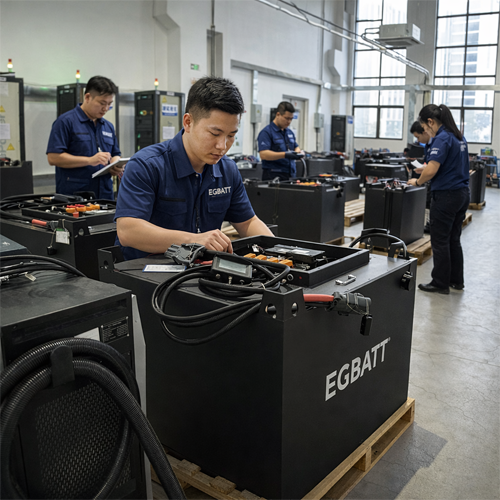 48V 560Ah forklift lithium battery powering a narrow aisle forklift in a warehouse