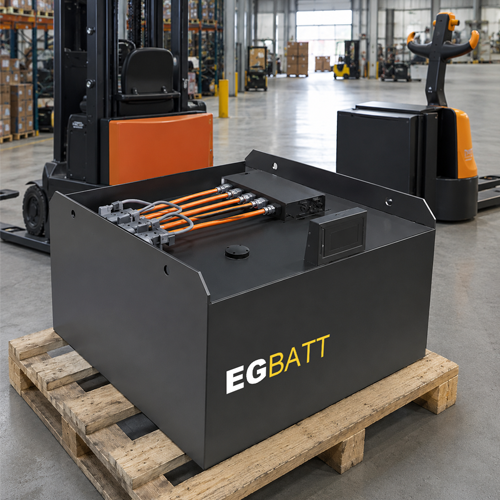 Side angle of 48V 690Ah lithium forklift battery showing dimensions and dual Anderson connectors