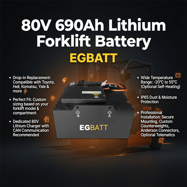 Forklift operating multiple shifts powered by long runtime 80V 690Ah lithium battery pack in warehouse