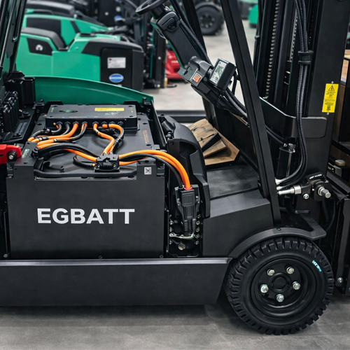 48V lithium forklift battery connected to a smart charger for opportunity charging