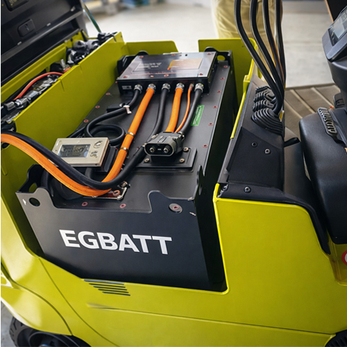 Close-up of built-in smart Battery Management System BMS on 48V lithium forklift battery