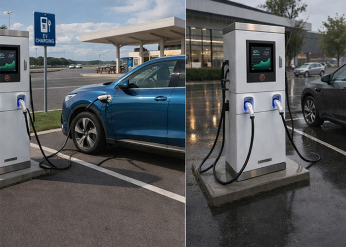 EV drivers using 180kW DC fast charging station outside a shopping mall retail center