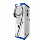 Electric bus charging at depot using 300kW outdoor DC fast charger with CCS2 connector during scheduled route break