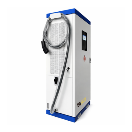 Electric bus charging at depot using 300kW outdoor DC fast charger with CCS2 connector during scheduled route break