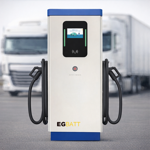 Heavy-duty electric truck charging at logistics distribution center with 300kW DC fast charger and CCS1 connector