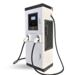 Electric buses being charged simultaneously by a dual-gun 180kW DC fast charging station at a transit hub