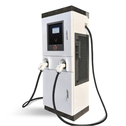 Electric buses being charged simultaneously by a dual-gun 180kW DC fast charging station at a transit hub