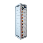 GRHV rack-mounted high voltage LiFePO4 battery system in 19-inch rack, showing multiple battery modules and front panel displays