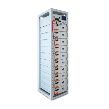 GRHV rack-mounted high voltage LiFePO4 battery system in 19-inch rack, showing multiple battery modules and front panel displays