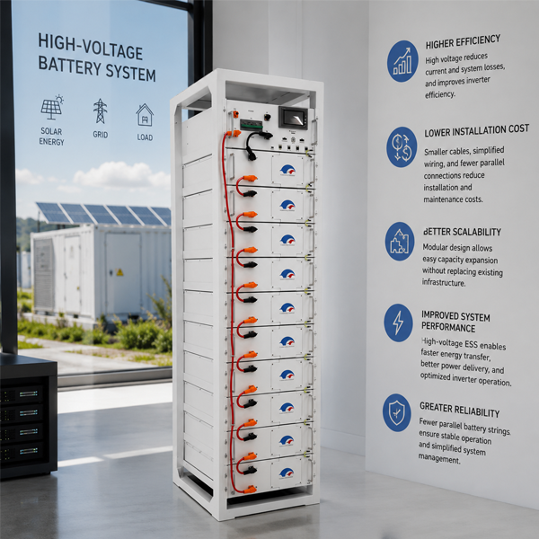 GRHV rack battery system in a residential garage next to a hybrid inverter, connected to rooftop solar panels for home energy storage