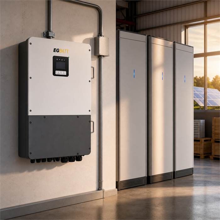 Commercial solar battery storage installation with three-phase hybrid inverter