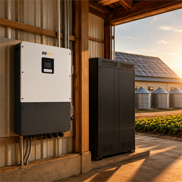 480V commercial hybrid inverter with solar and battery storage at a farm facility