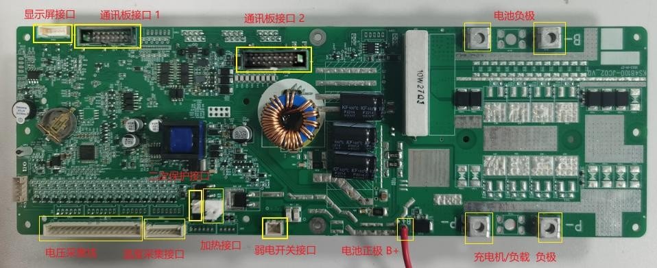 CMX 48V BMS board front view showing display interface, dual communication board ports, secondary protection interface, voltage and current collection ports, heater port, rider switch, and battery positive and negative terminals